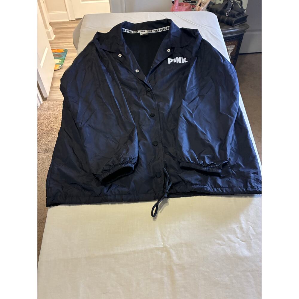 Victoria’s Secret PINK Black Coach Jacket Windbreaker Snap Front Logo Womens L